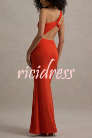 Sexy One-shoulder Backless Ribbon Pleated Slim Maxi Dress