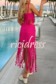 Caitlin See Through Circle Embroidery Square Neck Tassle Hem Slip Tank