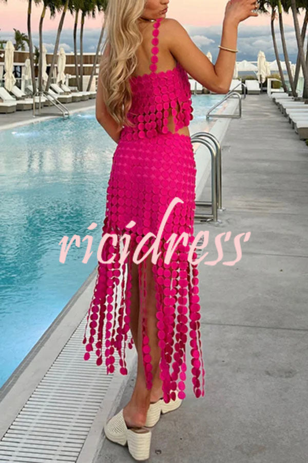 Caitlin See Through Circle Embroidery Square Neck Tassle Hem Slip Tank