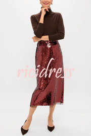 Upper East Chic Sequin Mesh Trim High Rise Slit Pencil Midi Skirt