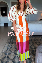 Kaya Linen Blend Color Block Print Front Cutout Knot Puff Sleeve Maxi Dress