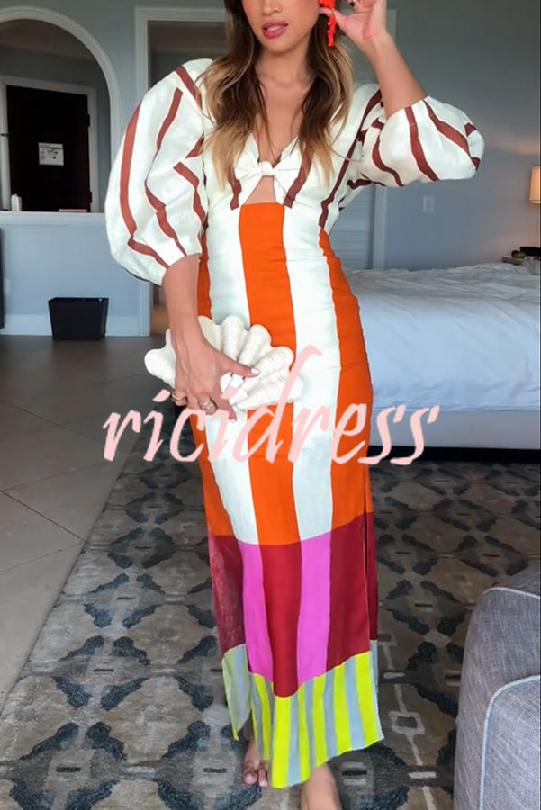 Kaya Linen Blend Color Block Print Front Cutout Knot Puff Sleeve Maxi Dress