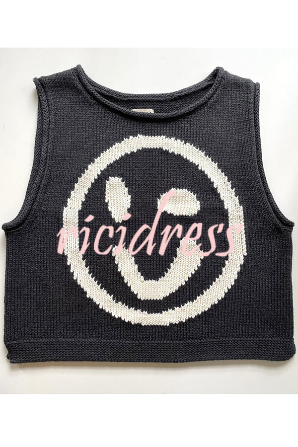 Always Happy Face Knit Unique Pattern Versatile Loose Tank Top