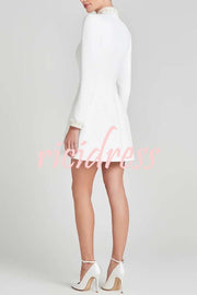 Lovers Kiss Pearl Trim High Neck Long Sleeve Pocketed Tulip Mini Dress