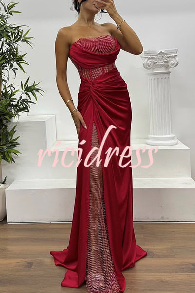 Essie Satin Rhinestone Patchwork Twist Waist Strapless Slit Maxi Dress