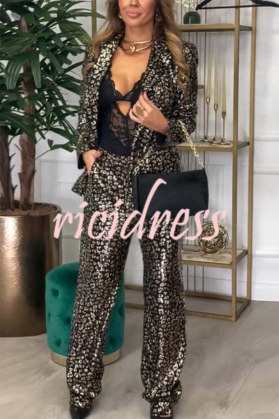 Mona Leopard Metallic Fabric Lapel Boyfriend Blazer and Elastic Waist Pocketed Loose Pants Set