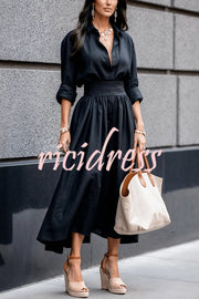 Solid Color Lapel Long Sleeve Casual Waist Midi Dress