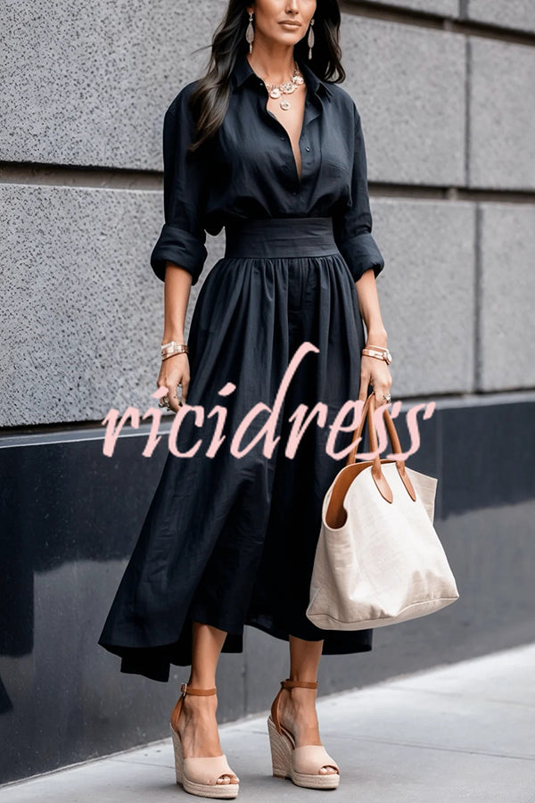 Solid Color Lapel Long Sleeve Casual Waist Midi Dress