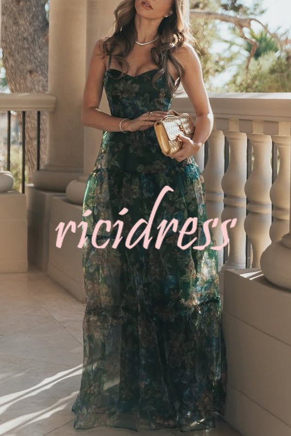 Exclusive Glamour Organza Floral Print Tiered Slip Maxi Dress