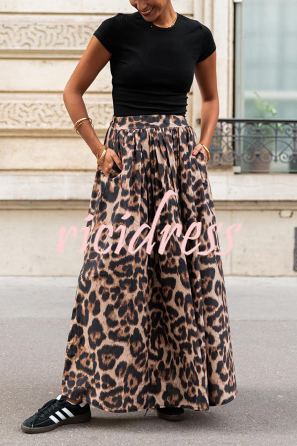 Leopard Print Pocket Pleated Hem Maxi Skirt