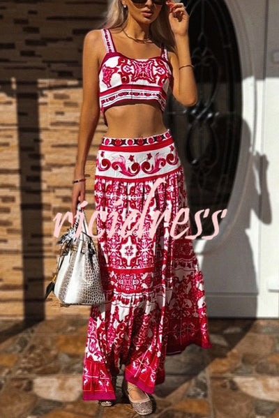 Unique Printed Sexy Sling Tank and Elastic Waist Large Hem Maxi Skirt Set