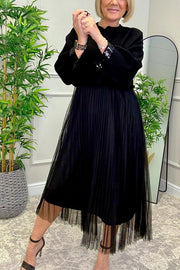 Fenna Ribbed Sequin Trim Batwing Sleeve Sweater and Pleated Tulle Stretch Tank Midi Dress Two-piece Set