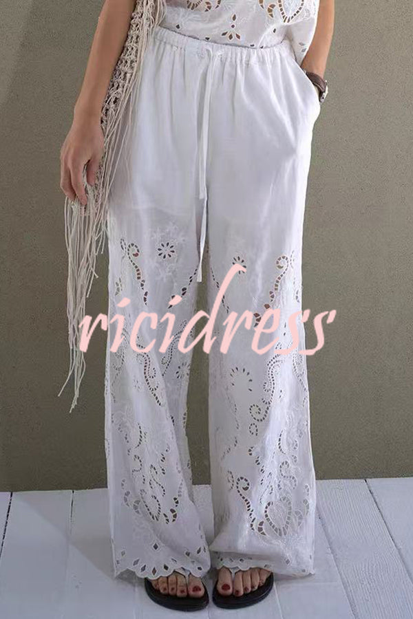 Linen Blend Solid Color Embroidered Hollow Loose Vest and Elastic Waist Casual Pocket Wide Leg Pants Set
