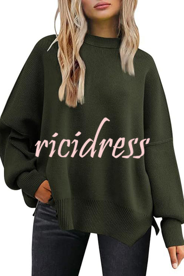 Distressed Knit Side Slit Long Sleeve Pullover Sweater