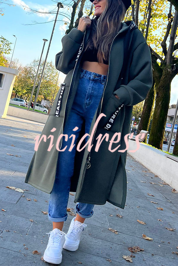 Fashionable and Casual Hooded Zipper Pocket Loose Long Coat
