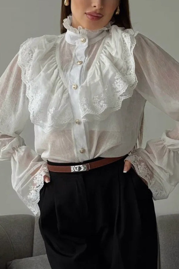French Chiffon Ruffled Stand Collar Casual Shirt