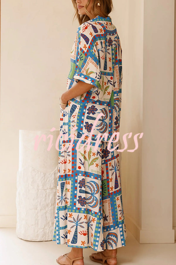 Unique Print Lapel Short Sleeve Loose Shirt and Elastic Waist Casual Pocket Wide Leg Pants Set