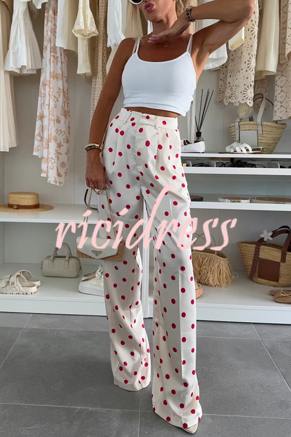 Koreen Polka Dot Round Neck Button Vest and High Rise Pocket Straight Pants Set