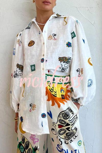 Effortless Silhouette Unique Print Balloon Sleeve Button Loose Shirt