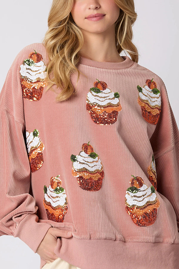 Christmas Pumpkin Cake Sequined Round Neck Loose Sweatshirt