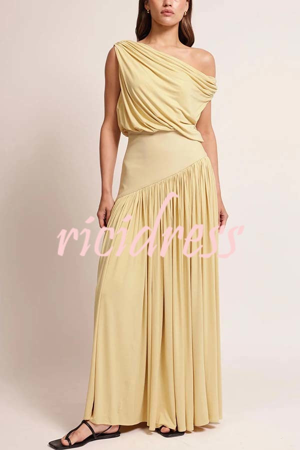 Gwen Soft Knit Fabric Off Shoulder Ruched Detail Drape Maxi Dress
