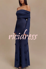 Timeless Sophistication Knit Off Shoulder Rose Detail Stretch Maxi Dress