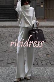 Morning Coffee Walks Ribbed Turtleneck Long Sleeve Sweatshirt and Elastic Waist Pocketed Loose Pants Set