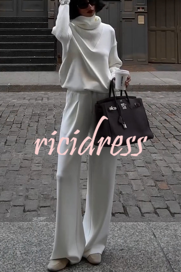 Morning Coffee Walks Ribbed Turtleneck Long Sleeve Sweatshirt and Elastic Waist Pocketed Loose Pants Set