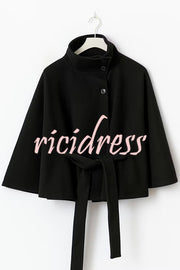 Fashionable Stand Collar Button Waist Tie Loose Cape