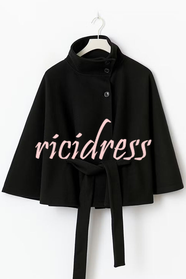 Fashionable Stand Collar Button Waist Tie Loose Cape