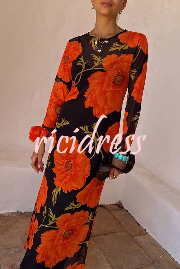 Perfect Cross-season Mesh Poppy Flower Print Long Sleeve Stretch Maxi Dress