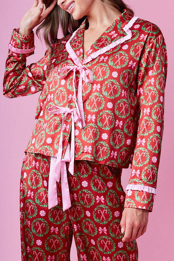 Christmas Print Long-sleeved Tie-waist Loose Top and Elastic Waist Pocket Casual Wide-leg Pants Set