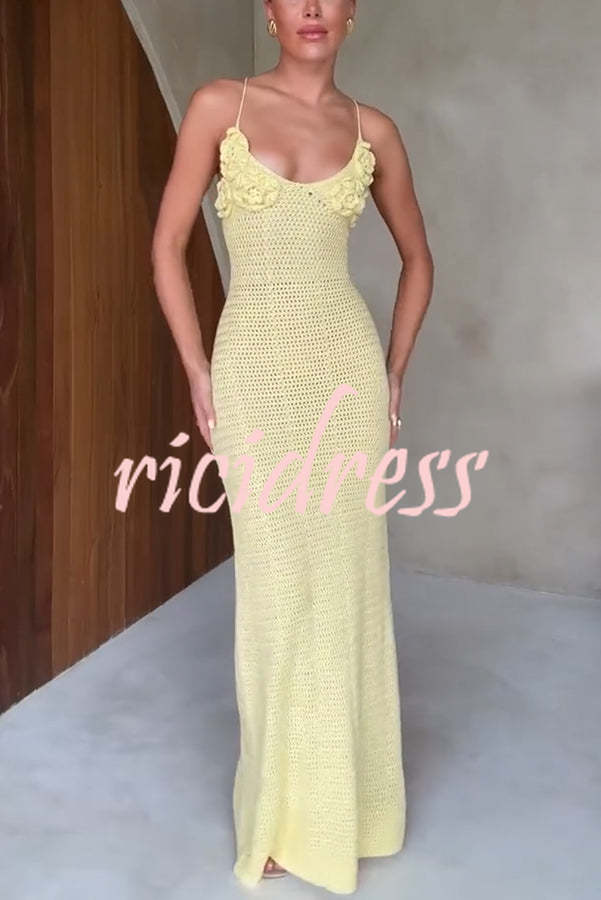 Olivia Crochet Knit Rose Texture Backless Stretch Maxi Dress