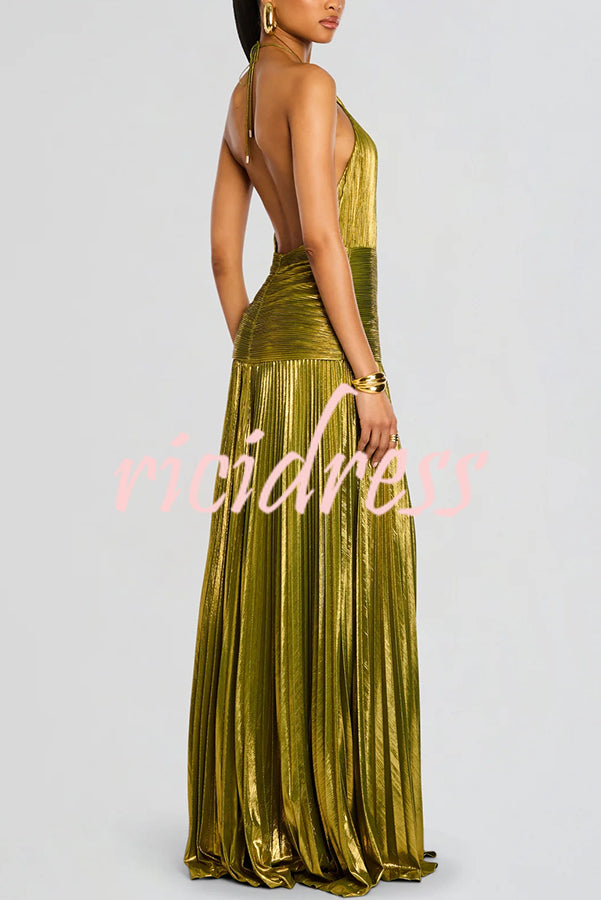 Glamorous Metallic Pleated Fabric Open Back Halter Slit Maxi Dress