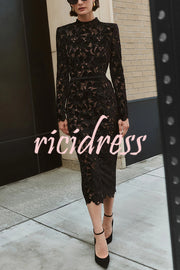 Diane Velvet Embroidered Floral Lace Long Sleeve Belt Scallop Edge Midi Dress
