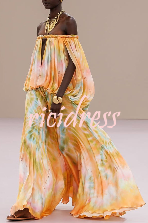 Gorgeous 70s Dream Tie-dye Print Off Shoulder Braid Cutout Detail Drape Maxi Dress