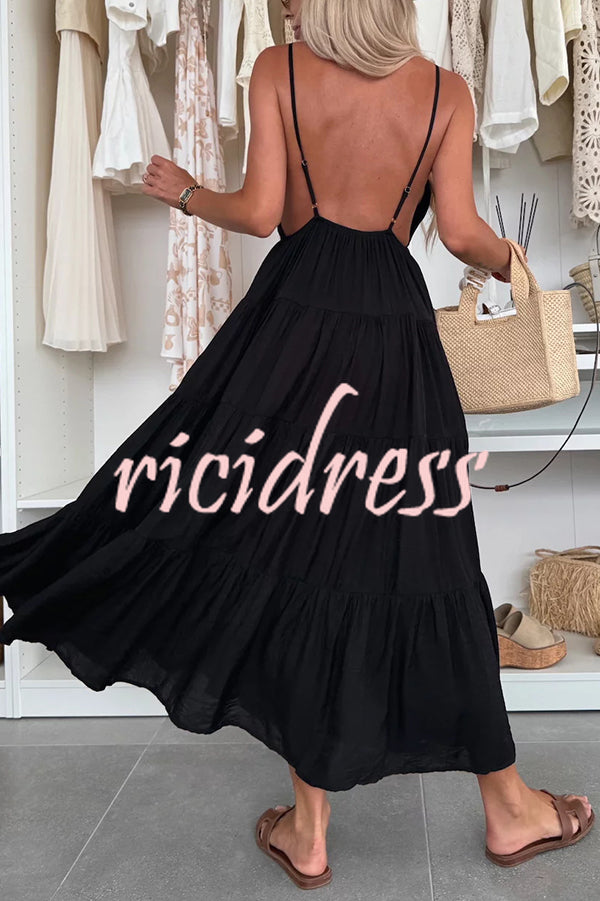 Bohemian Style V-neck Backless Slip Layered Vacation Maxi Dress
