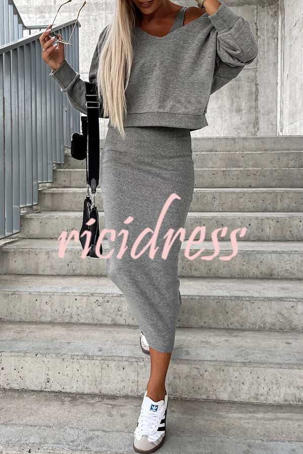 Around The World Hooded Sweatshirt and Slip Maxi Skirt Two Piece Set