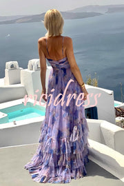 Dreamy Clouds Tulle Printed Rose Detail Cutout Ruffles Tiered Halter Maxi Dress