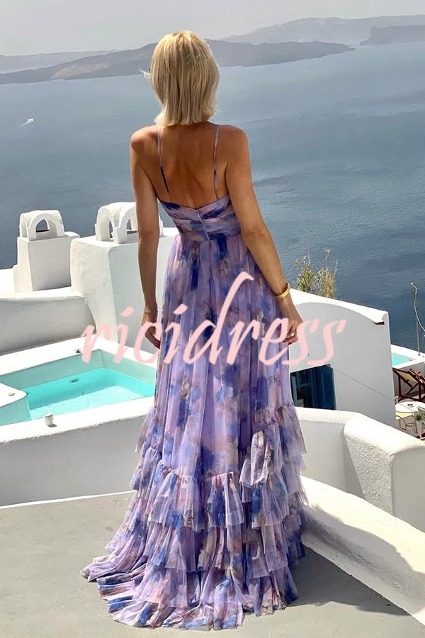 Dreamy Clouds Tulle Printed Rose Detail Cutout Ruffles Tiered Halter Maxi Dress