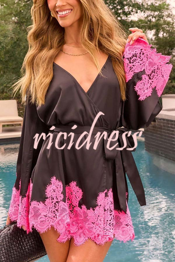 Joyful Bond Satin Lace Trim Contrast Color Bell Sleeve Tie-up Kimono Mini Dress