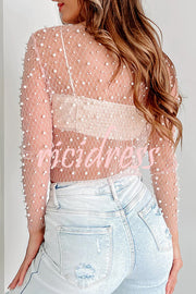 Round Neck See Through Beaded Mesh Lace Shirt