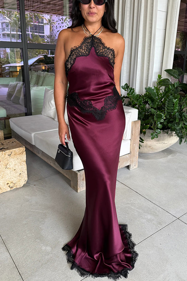 Everly Contrast Color Satin Lace Trim Halter Back Lace-up Flare Maxi Dress