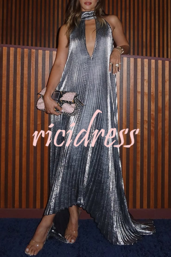 Celebration Party Pleated Metallic Fabric High Deep V-cutout Halter Neck A-line Maxi Dress