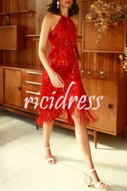 Sexy Sleeveless Halter Neck Tassel Sequin Mini Dress