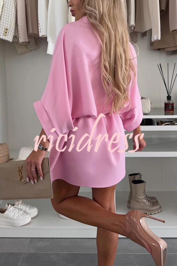 Solid Color Loose Round Neck Belted Mini Dress