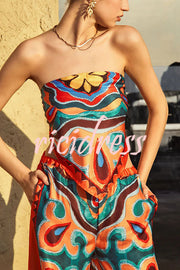Ethnic Style Unique Print Tube Top and Elastic Waist Casual Pocket Wide Leg Pants Set