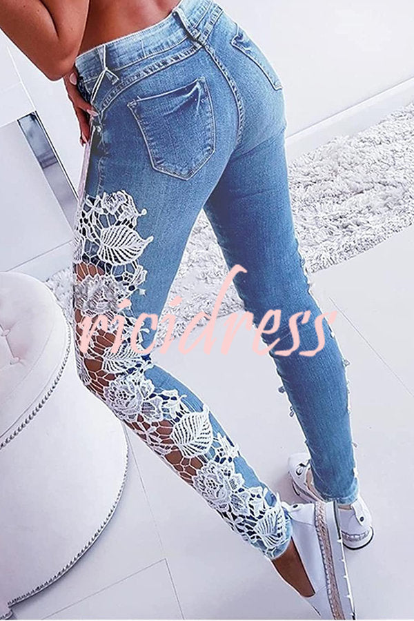 Sexy Side Lace Crochet Appliques Stretch Jeans