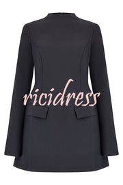 Ultimate Muse High Neck Long Slit Sleeve Flap Pocket Mini Dress