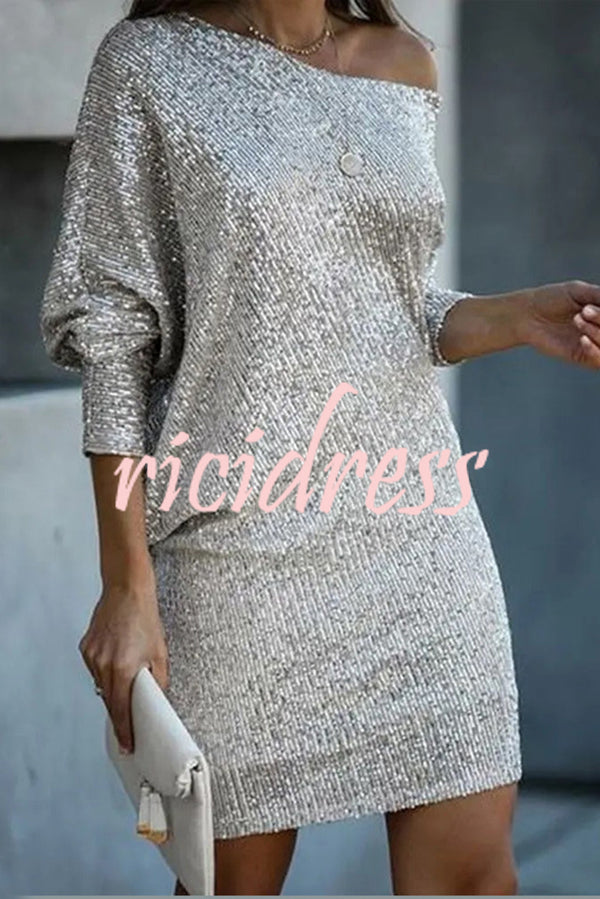 Solid Sequined Off-shoulder Loose Mini Dress